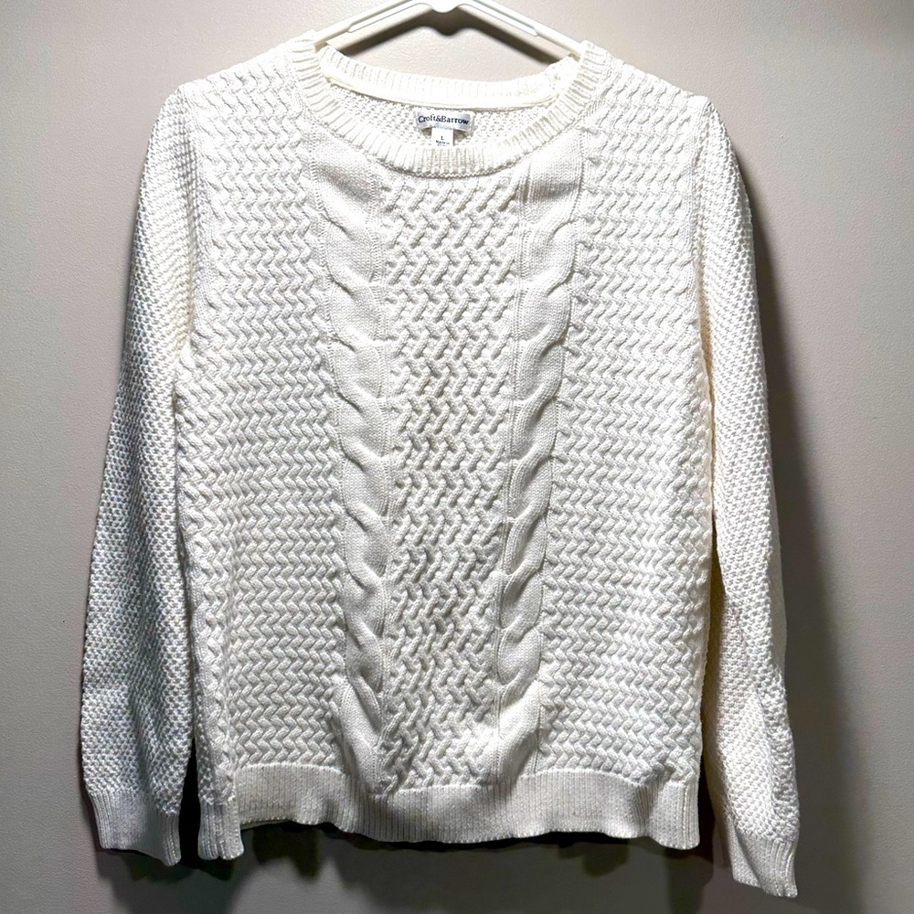 Croft & Barrow 100% Cotton White Crew Neck Knit Sweater Thick Cozy Warm EUC - Picture 4 of 15